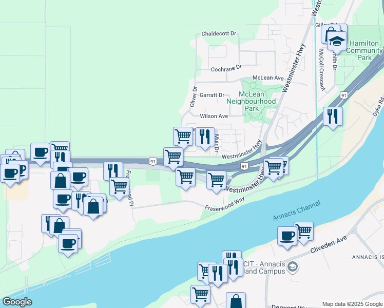 map of restaurants, bars, coffee shops, grocery stores, and more near 31 Westminster Highway in Richmond