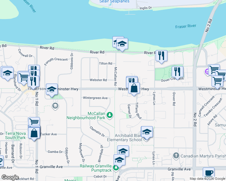map of restaurants, bars, coffee shops, grocery stores, and more near 4980 Westminster Highway in Richmond