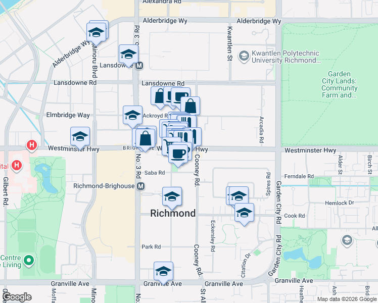 map of restaurants, bars, coffee shops, grocery stores, and more near 8280 Westminster Highway in Richmond