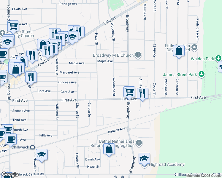map of restaurants, bars, coffee shops, grocery stores, and more near 9237 Woodbine Street in Chilliwack