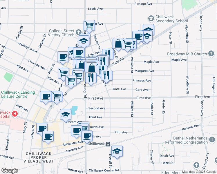map of restaurants, bars, coffee shops, grocery stores, and more near in Chilliwack