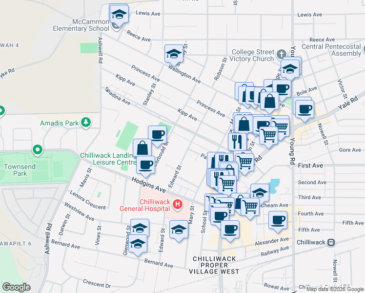 map of restaurants, bars, coffee shops, grocery stores, and more near in Chilliwack