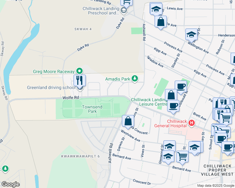 map of restaurants, bars, coffee shops, grocery stores, and more near 45215 Wolfe Road in Chilliwack