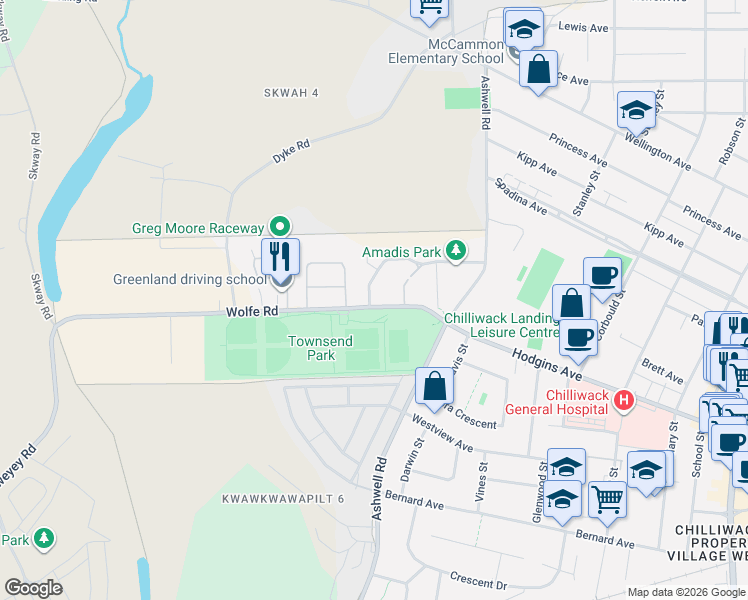 map of restaurants, bars, coffee shops, grocery stores, and more near 45185 Wolfe Road in Chilliwack