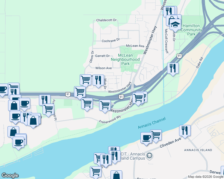 map of restaurants, bars, coffee shops, grocery stores, and more near 5900 Muir Drive in Richmond