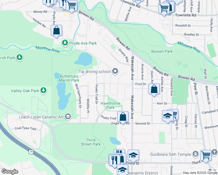 map of restaurants, bars, coffee shops, grocery stores, and more near 591 Ravenswood Drive in Nanaimo
