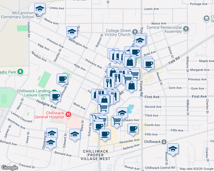 map of restaurants, bars, coffee shops, grocery stores, and more near 45765 Spadina Avenue in Chilliwack