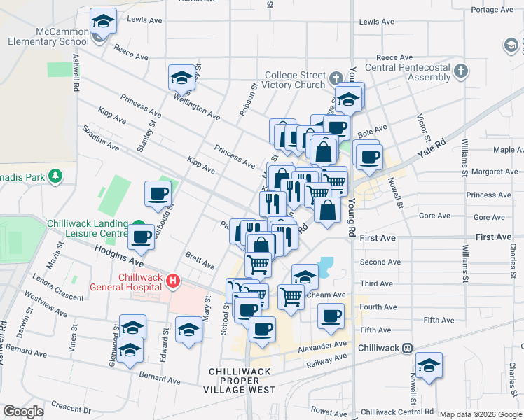 map of restaurants, bars, coffee shops, grocery stores, and more near 45749 Spadina Avenue in Chilliwack