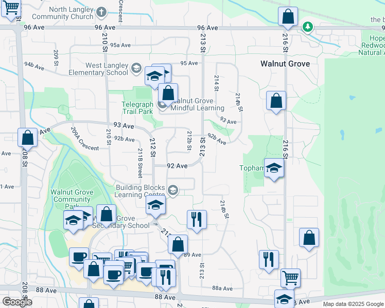 map of restaurants, bars, coffee shops, grocery stores, and more near 9230 212B Street in Langley Township