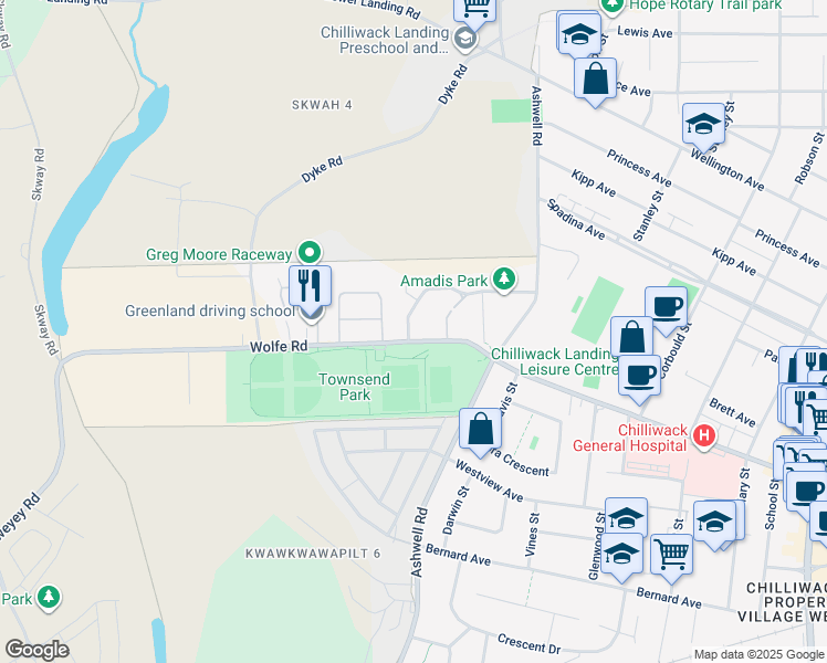 map of restaurants, bars, coffee shops, grocery stores, and more near 86-45185 Wolfe Road in Chilliwack