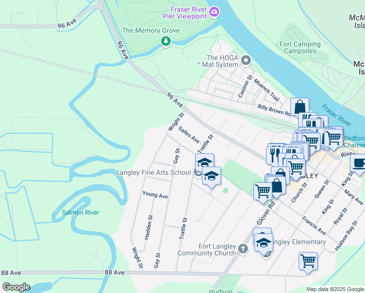 map of restaurants, bars, coffee shops, grocery stores, and more near 9190 Gay Street in Langley