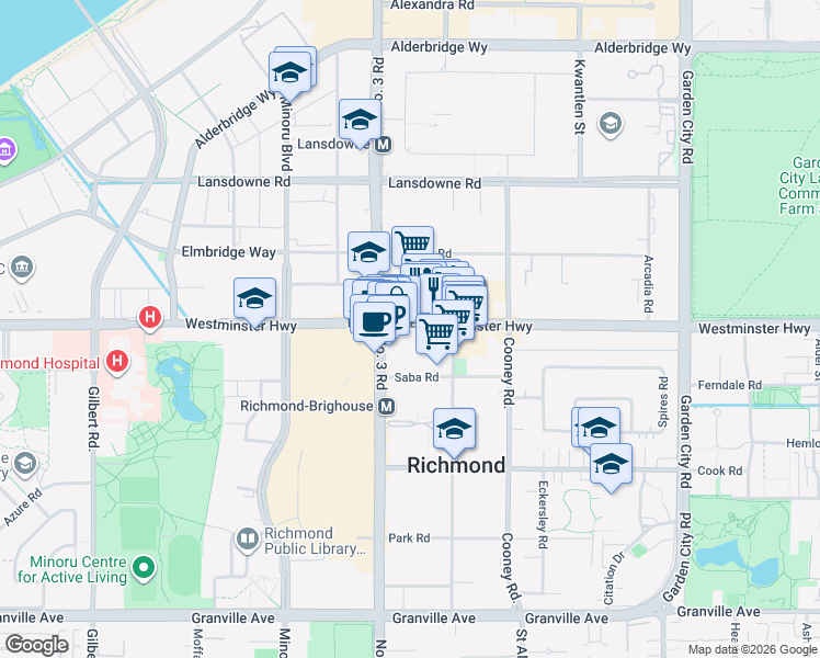 map of restaurants, bars, coffee shops, grocery stores, and more near 8068 Westminster Highway in Richmond