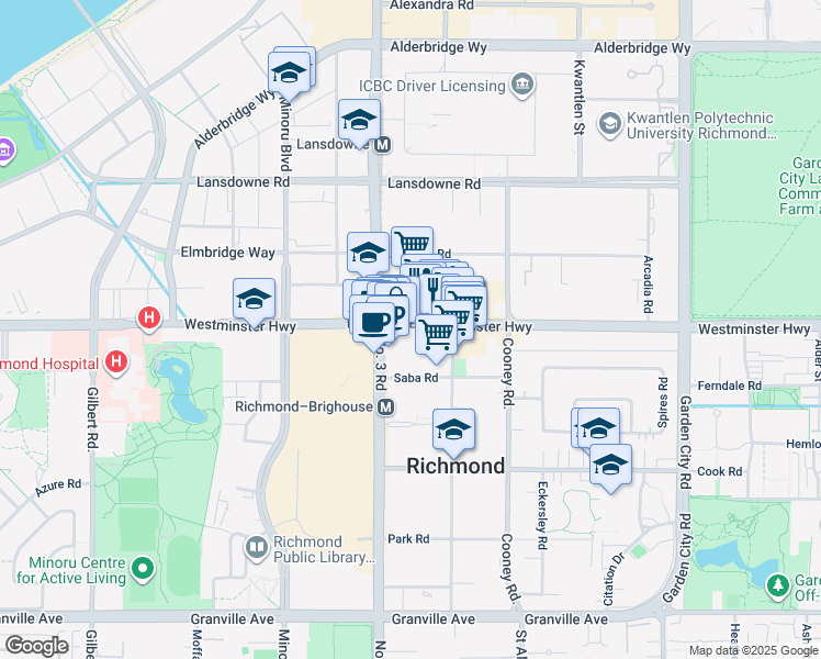 map of restaurants, bars, coffee shops, grocery stores, and more near 8068 Westminster Highway in Richmond