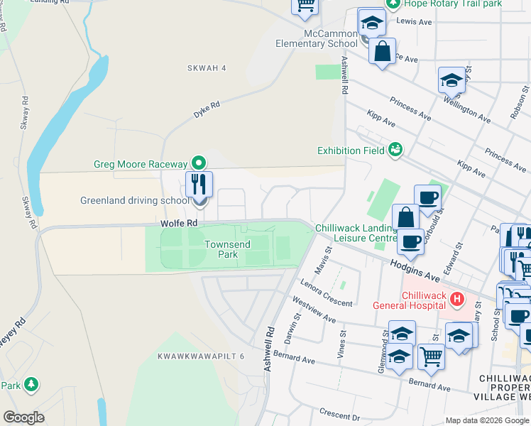 map of restaurants, bars, coffee shops, grocery stores, and more near 86-45185 Wolfe Road in Chilliwack