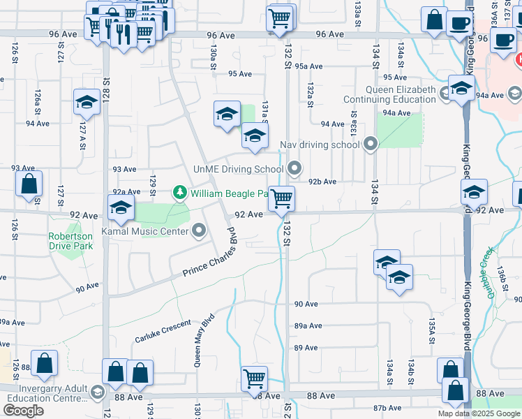 map of restaurants, bars, coffee shops, grocery stores, and more near 13131 92 Avenue in Surrey