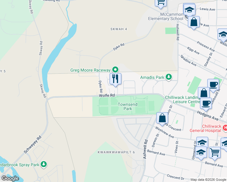 map of restaurants, bars, coffee shops, grocery stores, and more near 45025 Wolfe Road in Chilliwack