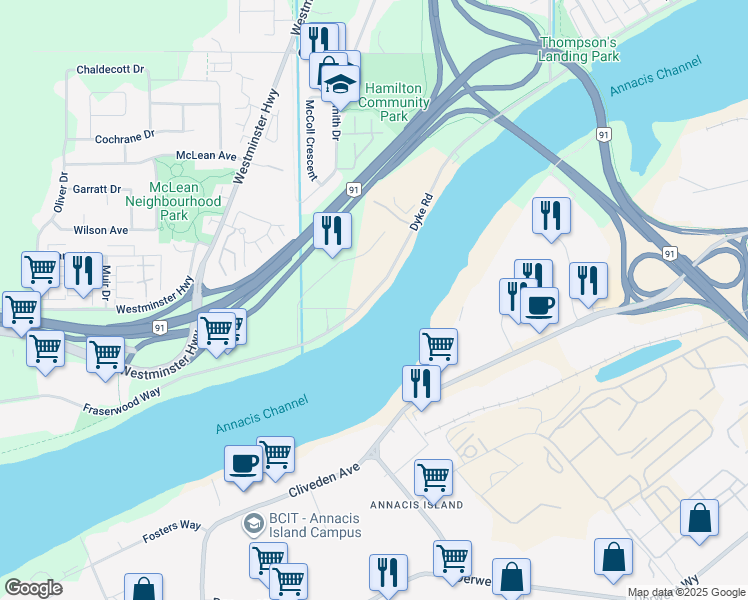 map of restaurants, bars, coffee shops, grocery stores, and more near 23220 Dyke Road in Richmond
