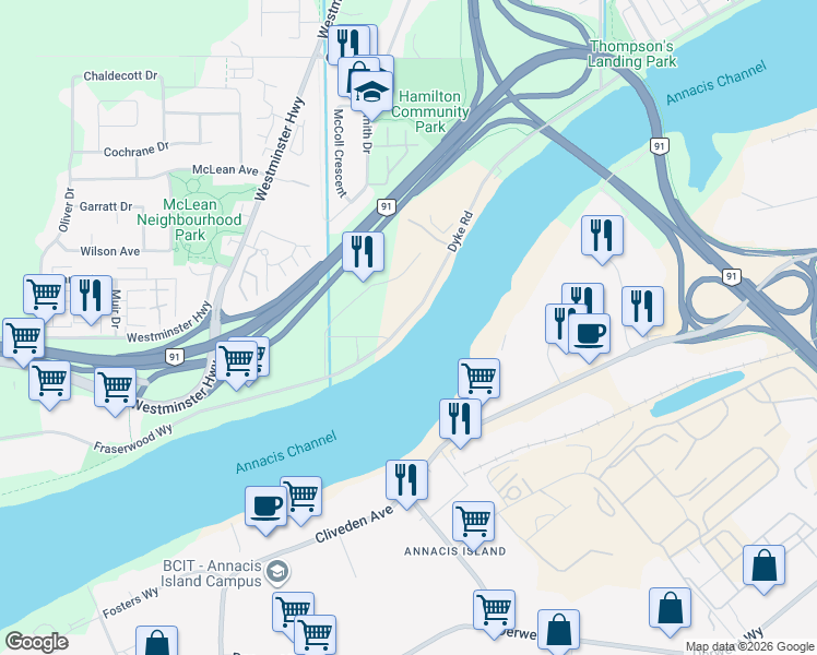 map of restaurants, bars, coffee shops, grocery stores, and more near in Richmond