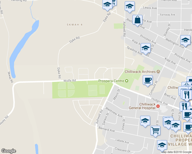 map of restaurants, bars, coffee shops, grocery stores, and more near 86-45185 Wolfe Road in Chilliwack