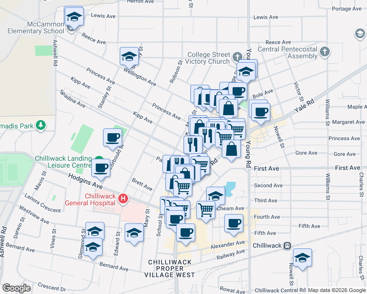 map of restaurants, bars, coffee shops, grocery stores, and more near 45749 Spadina Avenue in Chilliwack