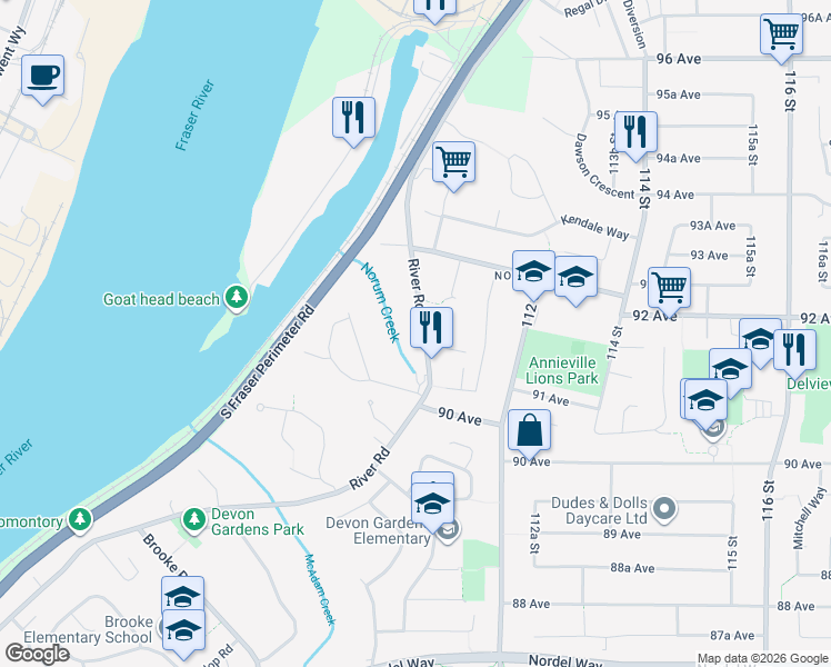 map of restaurants, bars, coffee shops, grocery stores, and more near 11041 River Road in Delta