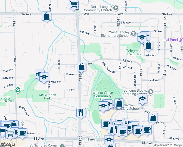 map of restaurants, bars, coffee shops, grocery stores, and more near 9208 208 Street in Langley Township