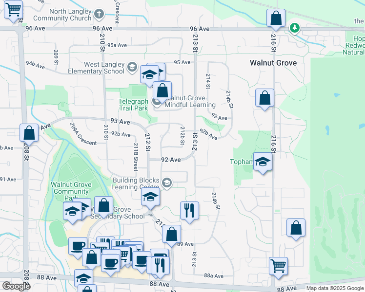 map of restaurants, bars, coffee shops, grocery stores, and more near 9230 212B Street in Langley