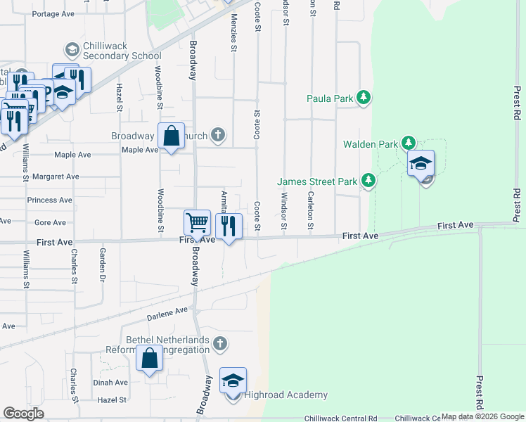 map of restaurants, bars, coffee shops, grocery stores, and more near in Chilliwack