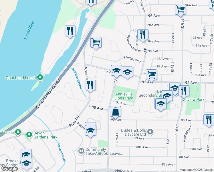 map of restaurants, bars, coffee shops, grocery stores, and more near 9182 Hardy Road in Delta