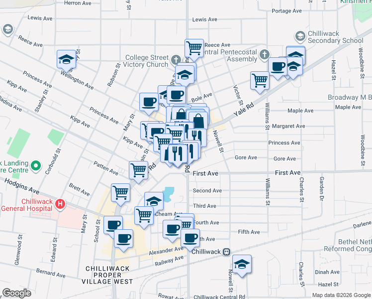 map of restaurants, bars, coffee shops, grocery stores, and more near 9259 Young Road in Chilliwack