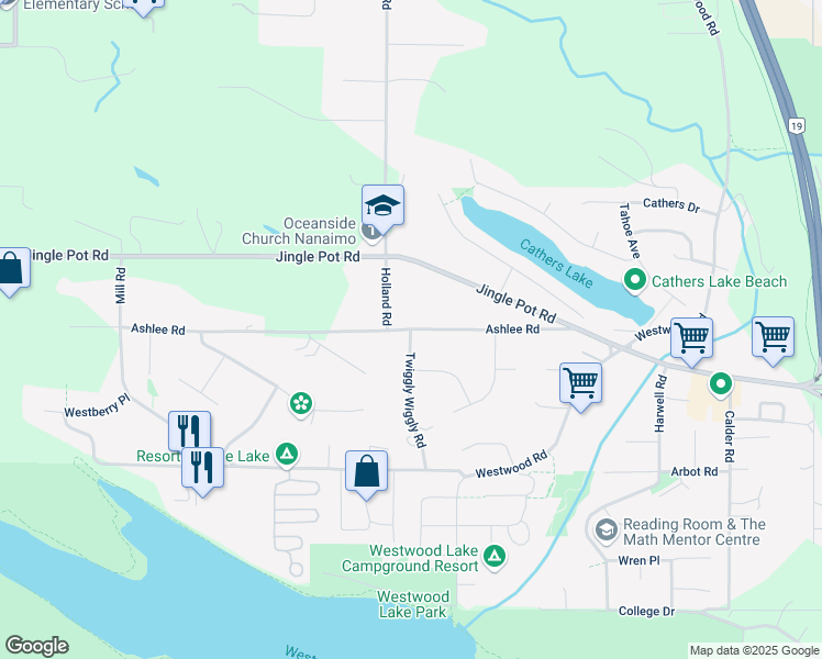 map of restaurants, bars, coffee shops, grocery stores, and more near Ashlee Rd & Twiggly Wiggly Rd in Nanaimo