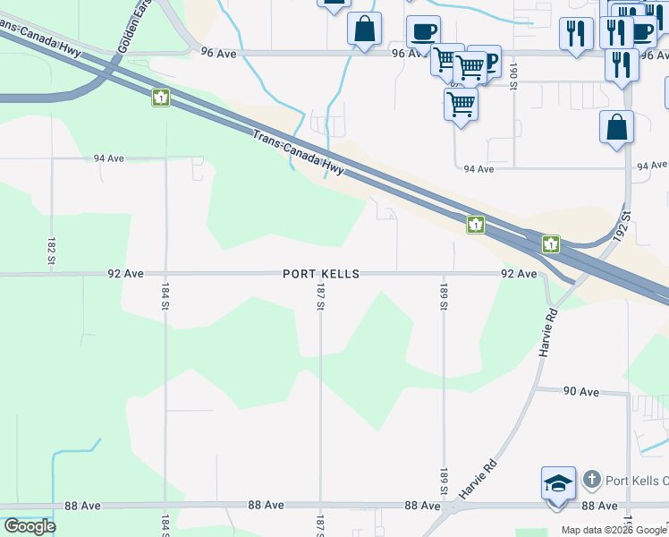 map of restaurants, bars, coffee shops, grocery stores, and more near 18715 92 Avenue in Surrey