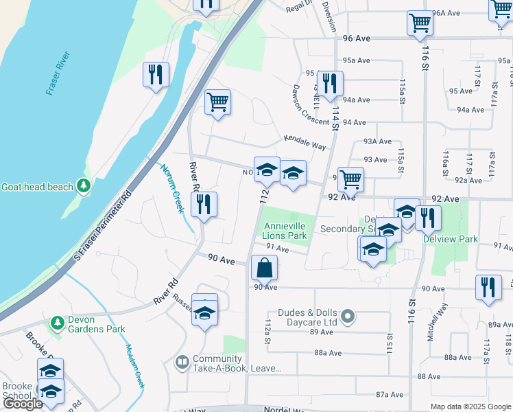 map of restaurants, bars, coffee shops, grocery stores, and more near 9185 112 Street in Delta