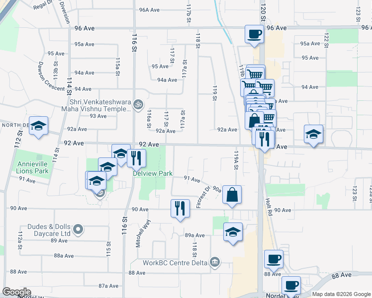 map of restaurants, bars, coffee shops, grocery stores, and more near 11768 92 Avenue in Delta