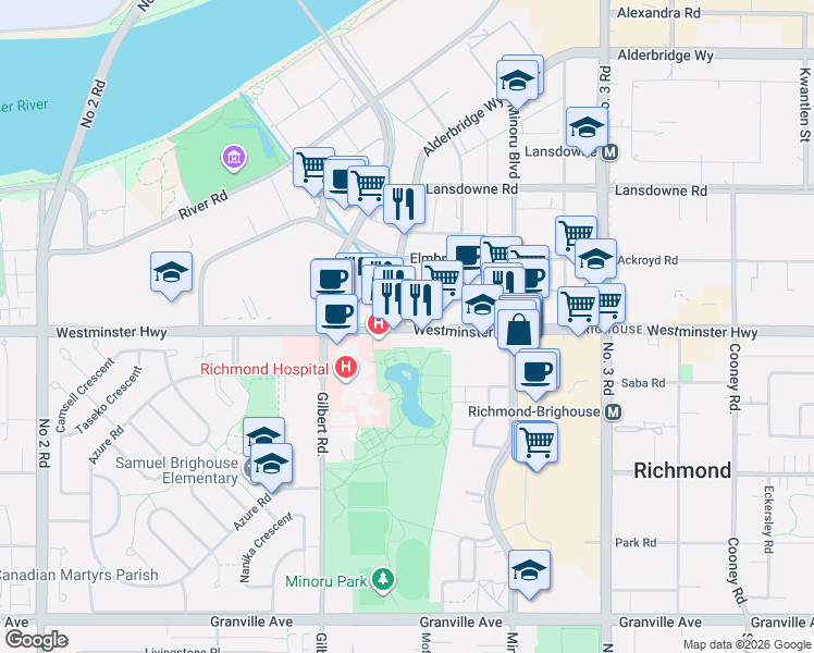map of restaurants, bars, coffee shops, grocery stores, and more near 7371 Westminster Highway in Richmond