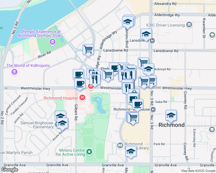 map of restaurants, bars, coffee shops, grocery stores, and more near in Richmond