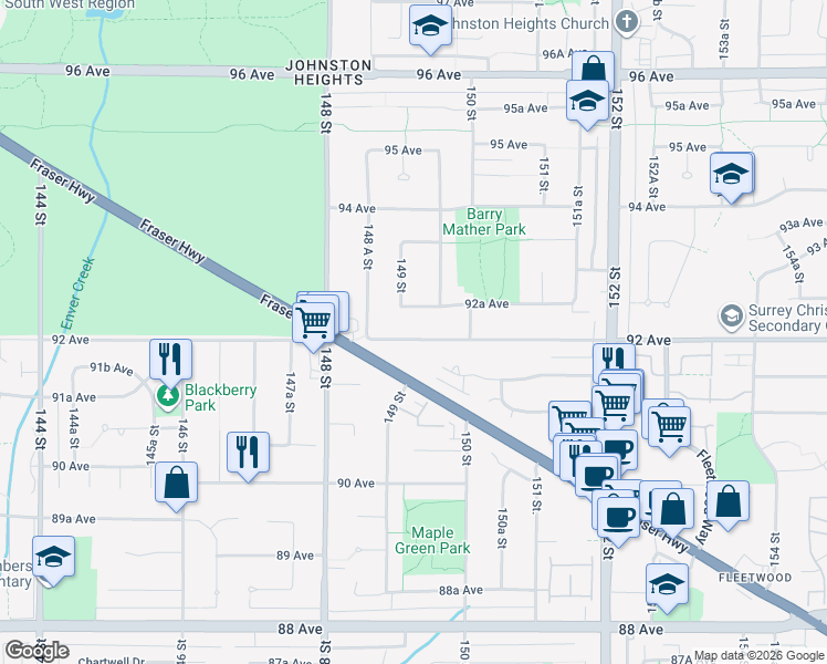 map of restaurants, bars, coffee shops, grocery stores, and more near 14917 92 Avenue in Surrey