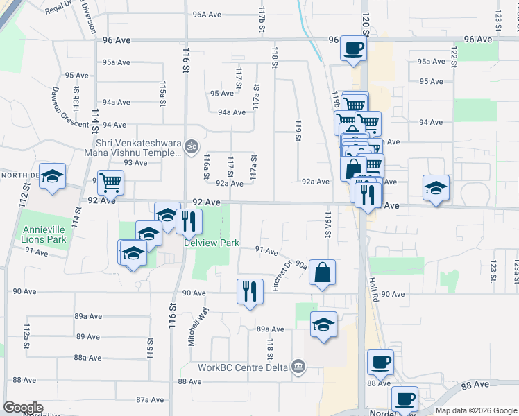 map of restaurants, bars, coffee shops, grocery stores, and more near 9179 118 Street in Delta