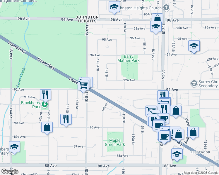 map of restaurants, bars, coffee shops, grocery stores, and more near in Surrey