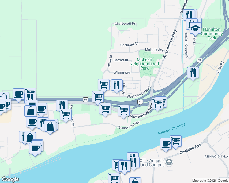 map of restaurants, bars, coffee shops, grocery stores, and more near 22139 Westminster Highway in Richmond