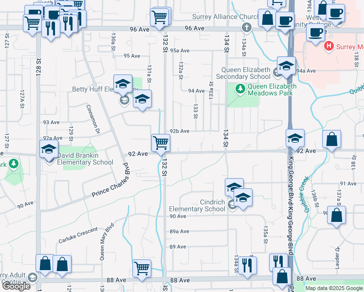 map of restaurants, bars, coffee shops, grocery stores, and more near 9222 132A Street in Surrey