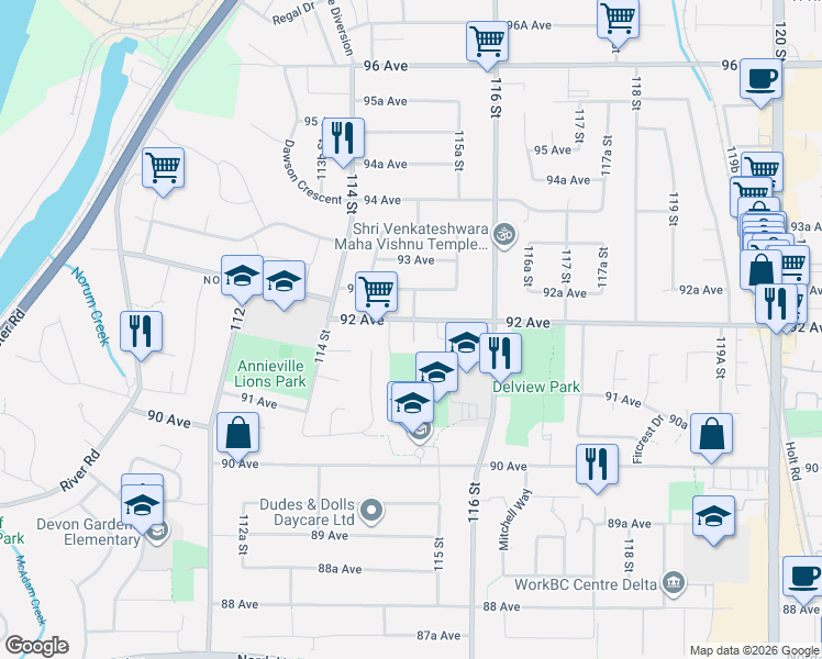 map of restaurants, bars, coffee shops, grocery stores, and more near 11490 92 Avenue in Delta