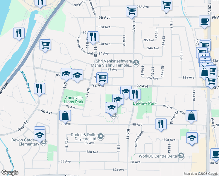 map of restaurants, bars, coffee shops, grocery stores, and more near 11480 92 Avenue in Delta