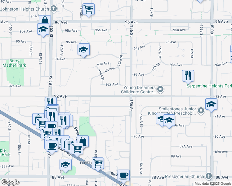 map of restaurants, bars, coffee shops, grocery stores, and more near 15525 92 Avenue in Surrey