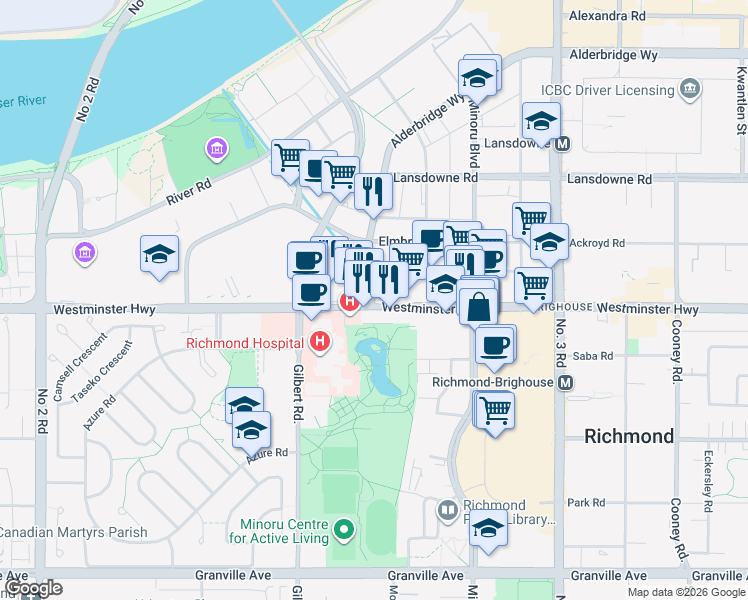 map of restaurants, bars, coffee shops, grocery stores, and more near in Richmond