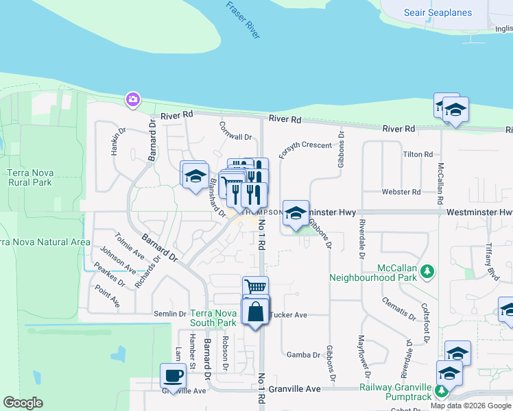 map of restaurants, bars, coffee shops, grocery stores, and more near 6011 Number 1 Road in Richmond