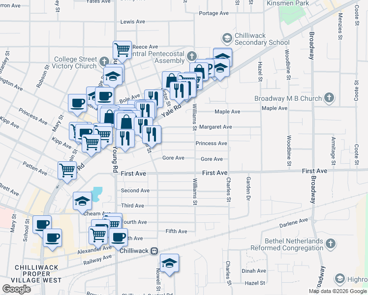 map of restaurants, bars, coffee shops, grocery stores, and more near 46160 Princess Avenue in Chilliwack