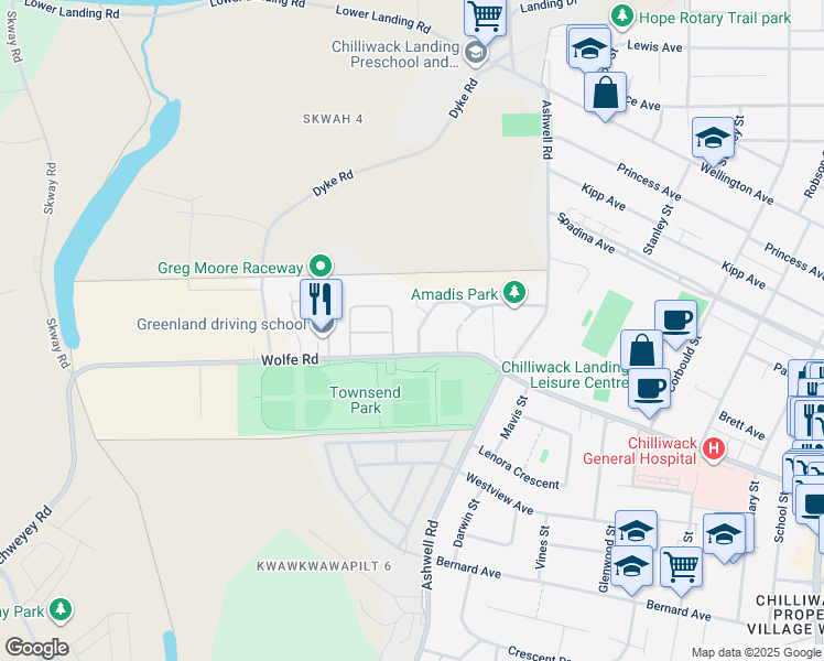 map of restaurants, bars, coffee shops, grocery stores, and more near 45185 Wolfe Road in Chilliwack