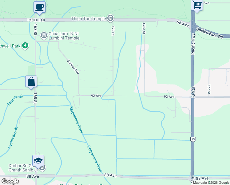 map of restaurants, bars, coffee shops, grocery stores, and more near 9236 172 Street in Surrey