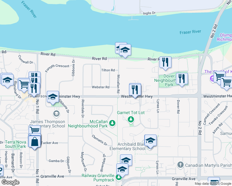 map of restaurants, bars, coffee shops, grocery stores, and more near 4991 Westminster Highway in Richmond